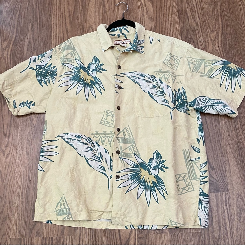 Paradise Blue Men’s Size L 100% Silk Hawaiian Button Up Shirt Tropical